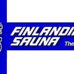 A blue and white logo for finlandia sauna.