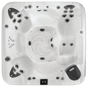 A white and black hot tub with many knobs